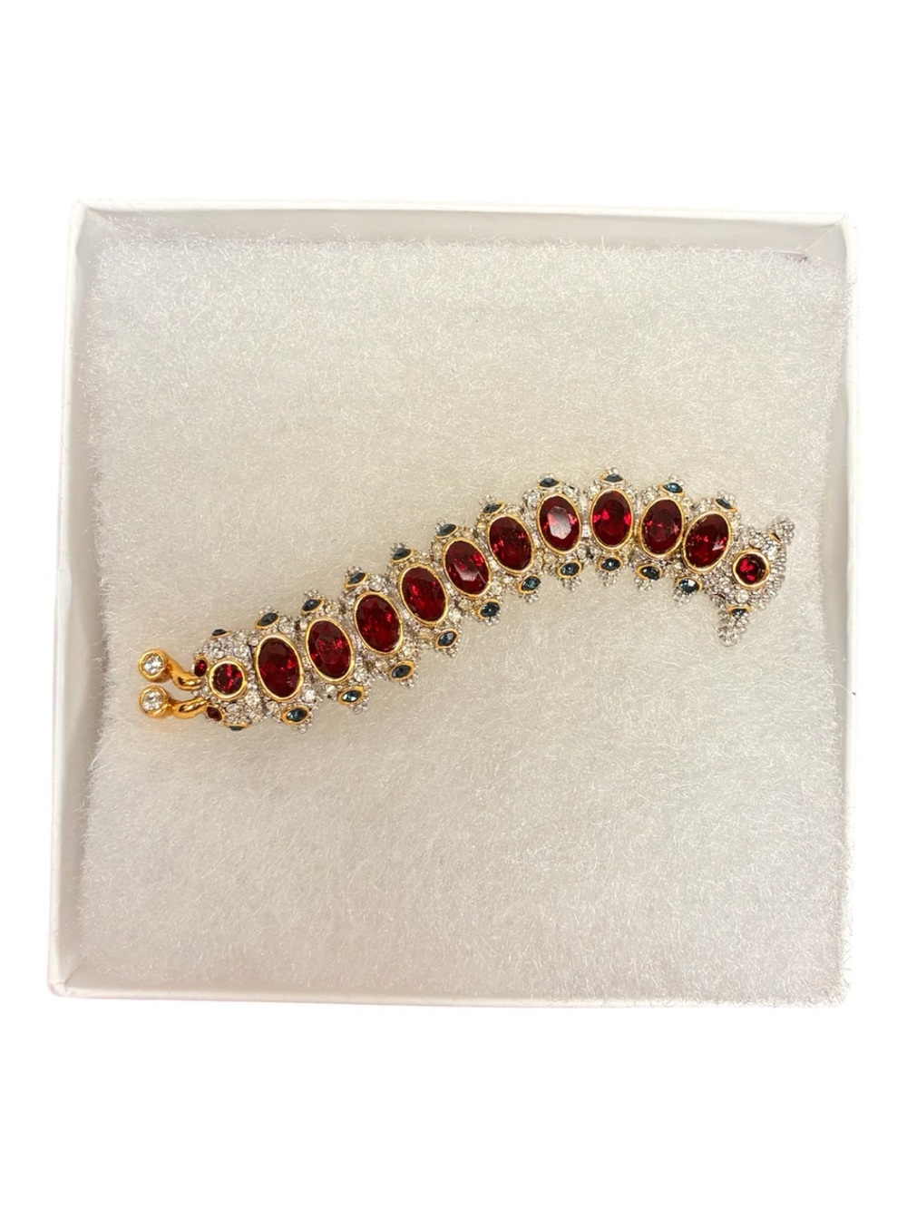 Gold-Tone Red Rhinestone Caterpillar Brooch